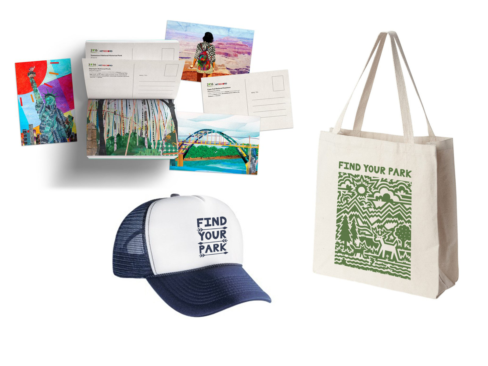 lt= postcards, ballcap, and tote bag