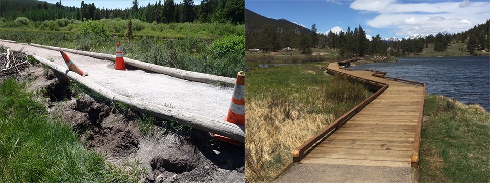 side-by-side image with a crumbling trail on the left and a newly-decked trail on the right