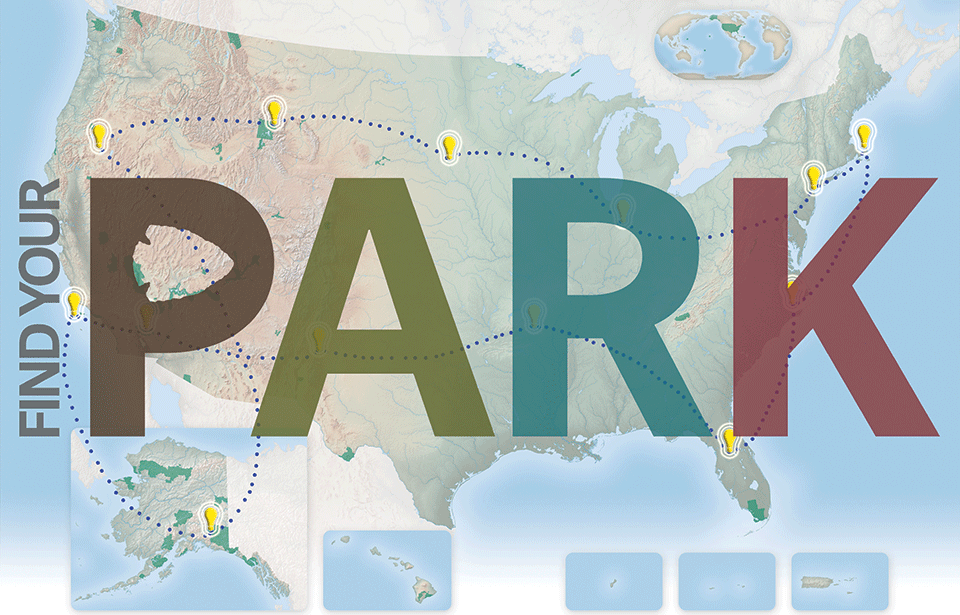 map of the US dotted with small light bulbs overlaid with the word "park"