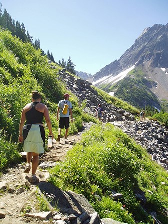 A group of young hikers proceed up a steep mountain trail surrounded by green slopes on a sunny day. A group of young hikers proceed up a steep mountain trail surrounded by green slopes on a sunny day.