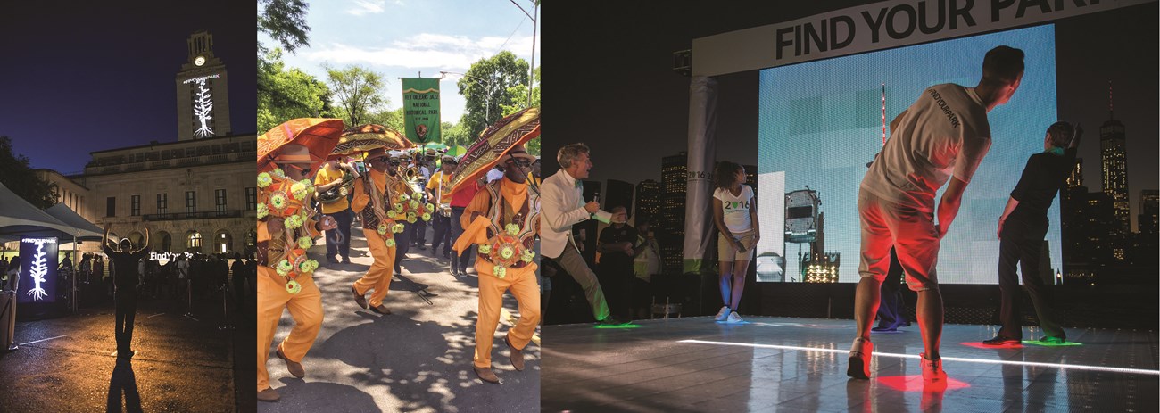 man in plaza in evening, jazz musicians in parade, people on light-up floor in evening