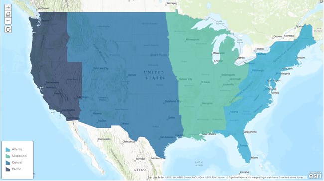 A map of the United States showing colored bands marking four major flyways