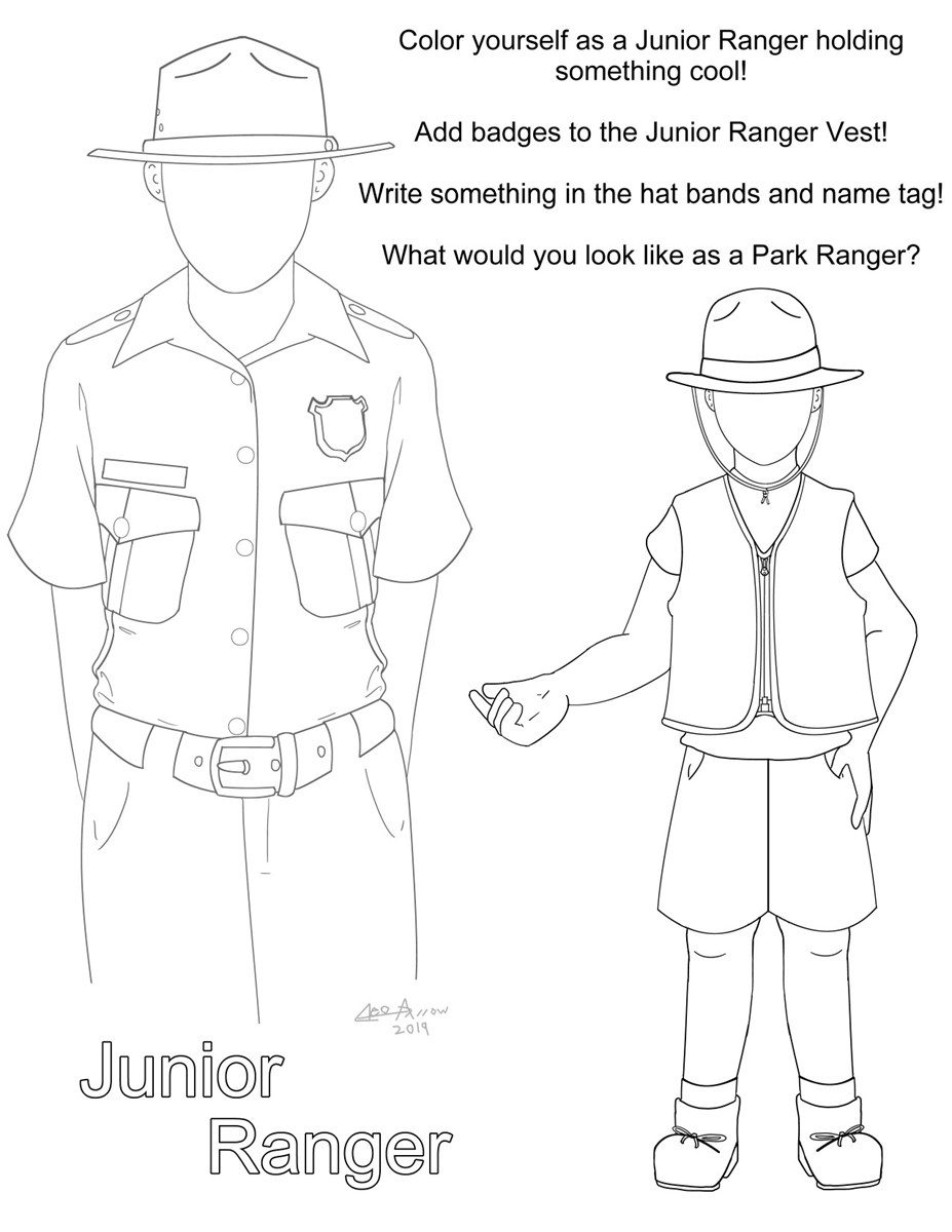 A coloring page with a park ranger in uniform and a child in junior ranger clothing. Text encourages you to think about what you would look like as a park ranger.