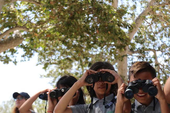 Kids using binoculars and smiling