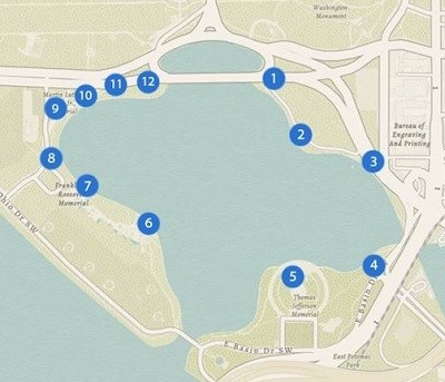 Overview of a map showing various stops along the Tidal Basin