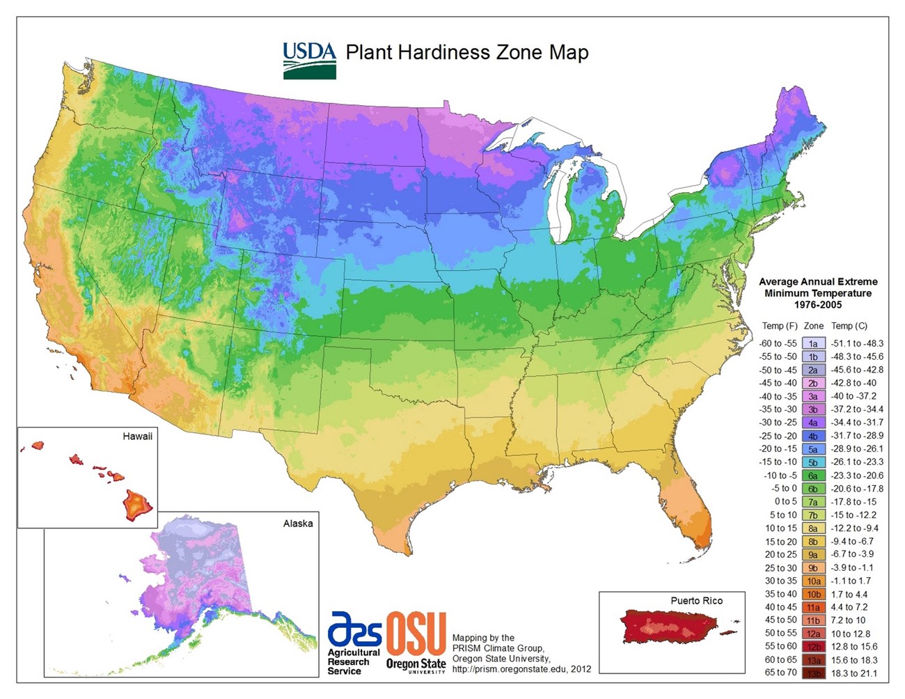 USDA Plant Hardiness Zone map: a map of the United States in colored bands indicating optimal growing zones
