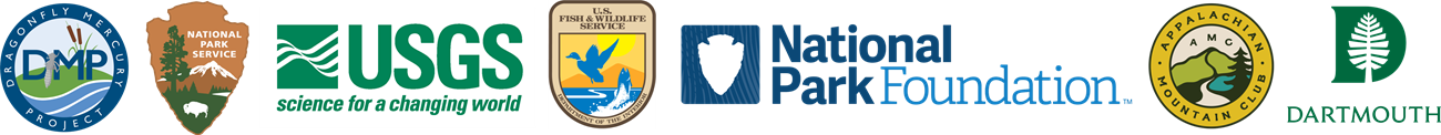 Logos left to right: Dragonfly Mercury Project, NPS, USGS, National Park Foundation, Appalachian Mountain Club, Dartmouth College, USFWS