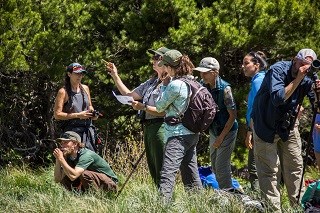 a group of people look up through binoculars