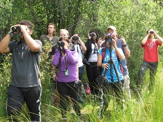 a group of people look up through binoculars