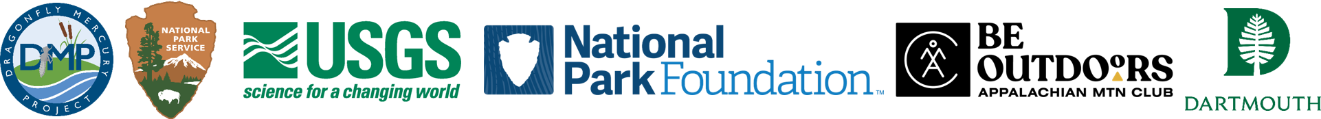 DMP collaborators Logos left to right: Dragonfly Mercury Project, NPS, USGS, National Park Foundation, Appalachian Mountain Club, Dartmouth
