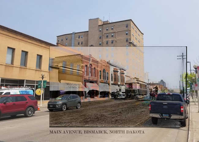 Composite image of historic streetscape overlaid on a contemporary streetscape. Both images show vehicles and buildings on Main Avenue in Bismark, North Dakota. Composite image of historic streetscape overlaid on a contemporary streetscape. Both images show vehicles and buildings.