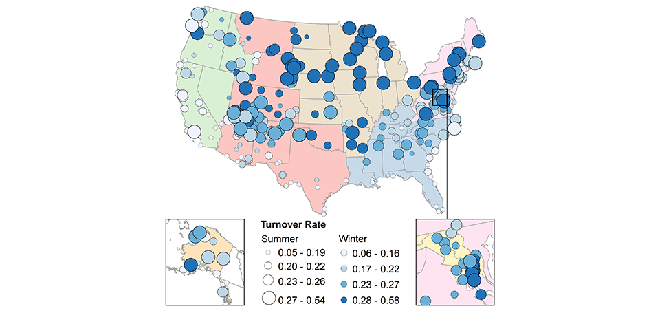 Map showing projected turnover rates across 274 U.S. national parks. 