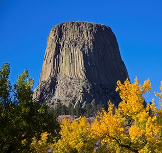 DETO in Fall View of Devils Tower in the distance with fall foliage in the foreground