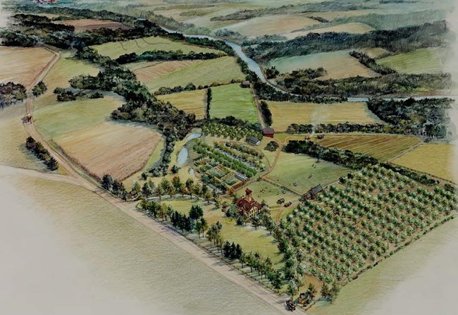 An aerial view painting of farmland and an orchard surrounding a large, historic building