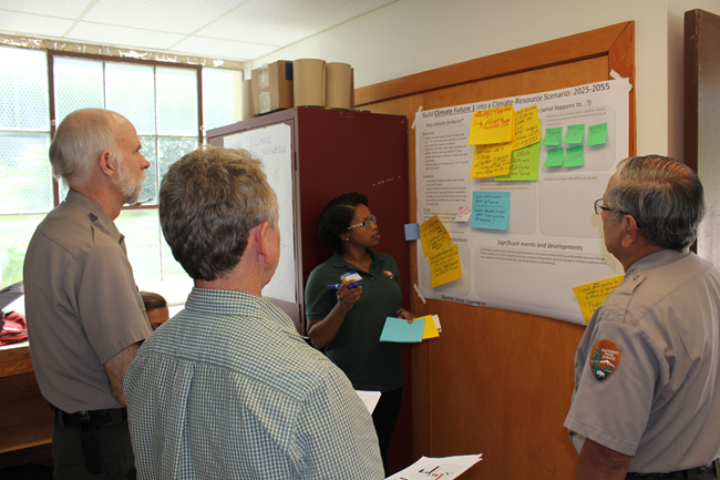 Park staff gathered around a training setup, adding sticky notes to a poster board.