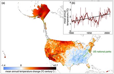 US NP System Mean Annual Temp Change Map of the United States with light colored shades along the east, and darker shades of red in the American West and Alaska