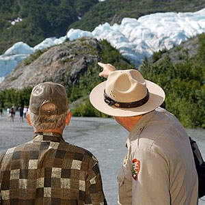 Ranger pointing at Exit Glacier Ranger pointing at Exit Glacier