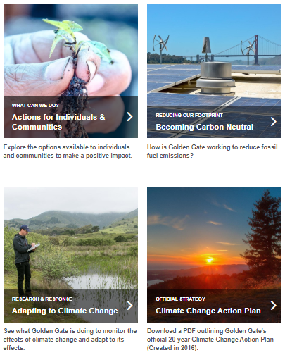 Screenshot showing four square images with overlying text about various climate change topics