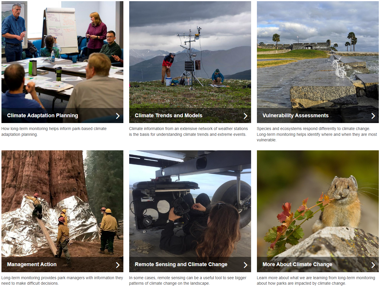 A grid of six photos with the labels Climate Adaptation Planning, Climate Trends and Models, Vulnerability Assessments, Management Action, Remote Sensing and Climate Change, and More About Climate Change