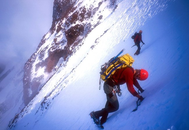 Male ice climber ascending Mt. Rainier Liberty Ridge