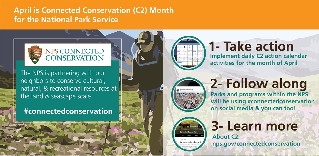 Take Action connected conservation logo 1. take action 2. follow along 3. learn more.