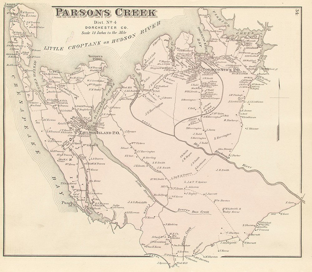 Parson's Creek map of land ownership show names of property owners on land between waterways