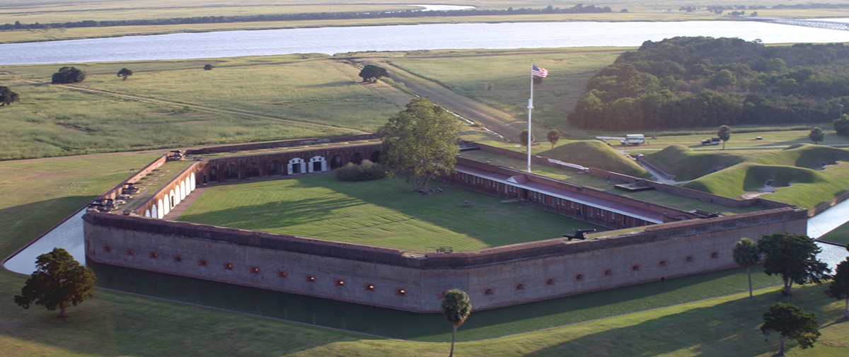 Overhead of Fort Pulaski National Monument landscape in soft light