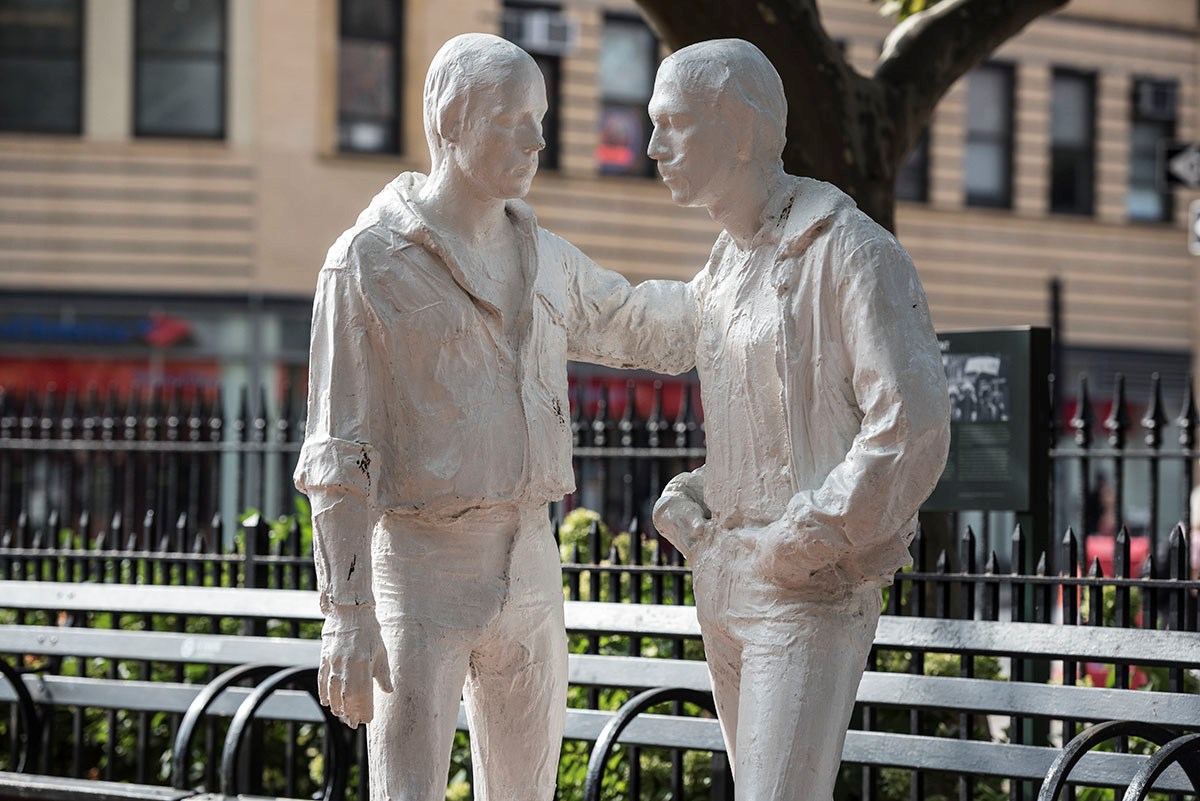 "Gay Liberation" statue includes two standing figures, one with his hand on the other's shoulderr