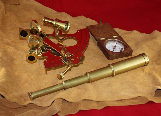 Sextant, pocket compass, telescope