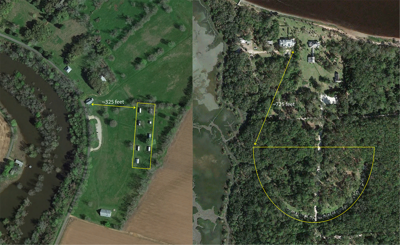 Two aerial images compare arrangement of slave cabins and relationship to main house at two plantations.