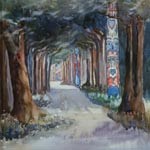 Watercolor painting of forest, totems at Sitka