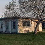 Tree branches cause shadows to fall on the side of a one-story building. Tree branches cause shadows to fall on the side of a one-story building.