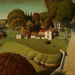 Bold painting of agricultural landscape, with lawn, buildings, tree-lined drive, and chickens.