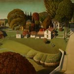 Bold painting of agricultural landscape, with lawn, buildings, tree-lined drive, and chickens.