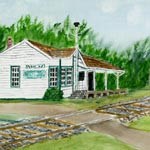 Painting of a white depot beside railroad tracks, with trees behind.