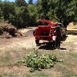 A red chipper by a pile of compost