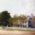 Painting of a road, white fence, and row of trees in front of two-story house.