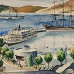 Painting of a road leading to the waterfront park, with ships, cars, trees, and a structure.