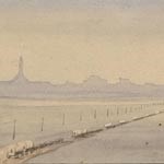 Hazy painting of a wagon train crossing an open landscape with rock formations against the horizon.