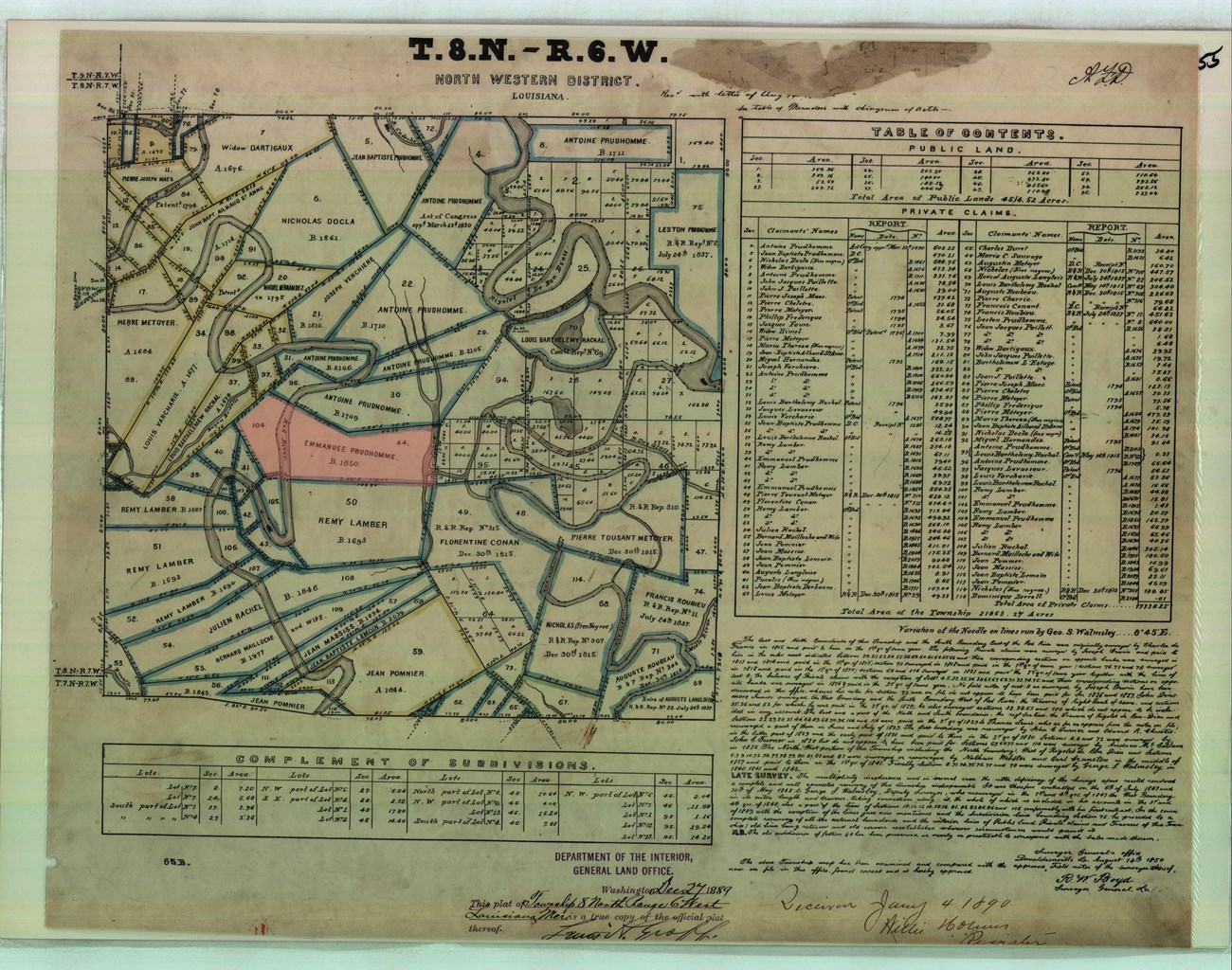 A plat map document for a district in Louisiana shows a subdivided map on one side and a table titled "Private Claims"
