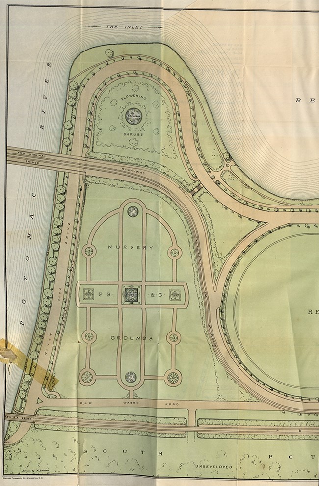 1906 map shows fountains, gardens, and roads along the Potomac River in DC