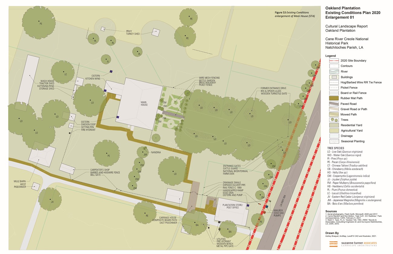 A 2020 site plan shows labeled features in a portion of the Oakland Plantation landscape