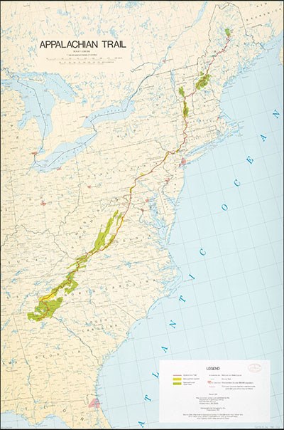 Map of Appalachian Trail, showing 1981 boundaries of National Park Service and National Forest Service lands