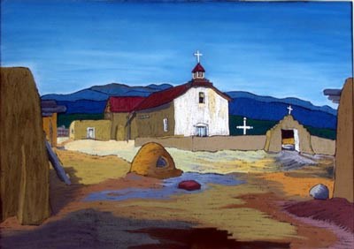 Painting of a red-roofed church surrounded by cemetery wall, mountains, oven.