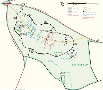 Map of Cowpens National Battlefield showing park features, historic features, and battle positions
