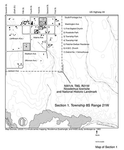 Map of Nicodemus National Historic Landmark, showing features of district