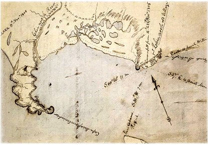 Clark's 1805 Map of the Columbia River shows land, water, and locations. Clark's 1805 Map of the Columbia River shows land, water, and locations.