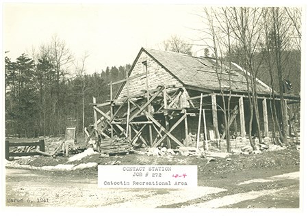 450-CATO_RDA1941-construction Wooden scaffolding encases a brick building, under construction in spring of 1941.