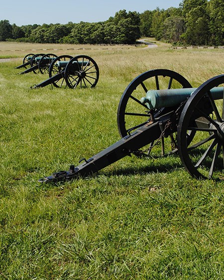 450-PERI-leetown-battlefield A row of cannons in a grassy field, edged by trees and wooden fencing