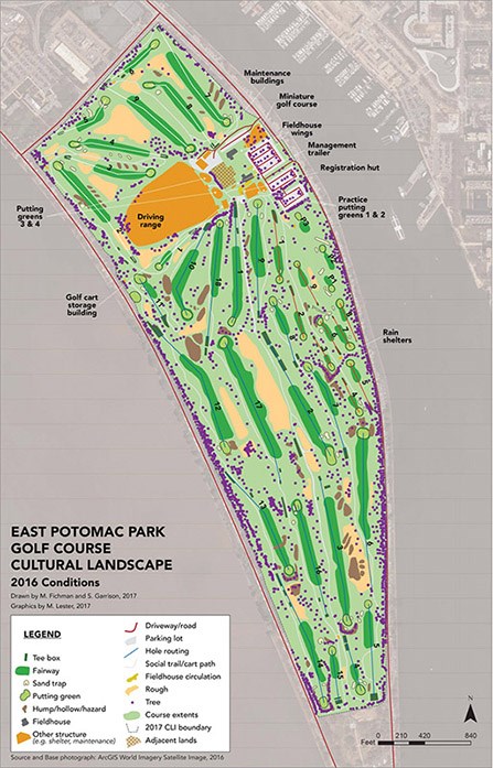 Map of existing conditions of East Potomac Golf Course cultural landscape in 2016